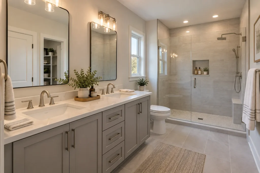 Bright bathroom with a double vanity and a glass-enclosed walk-in shower finished in large-format tile