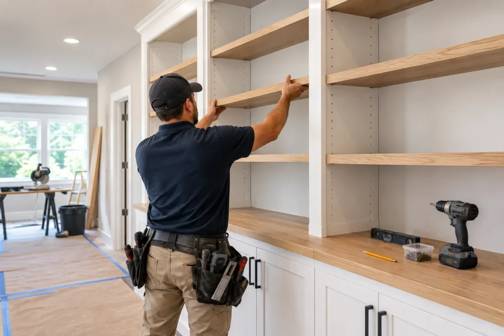 Carpenter installing wood shelves in white built-in cabinetry in a home