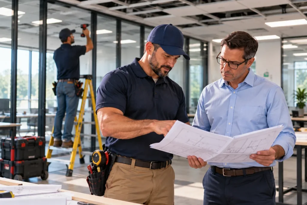 CraftWise professional reviewing floor plans with a property manager in an office space under renovation.