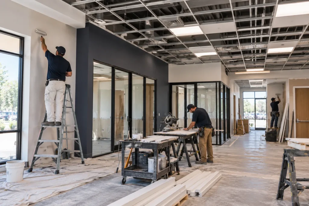Crew painting walls and cutting trim during an office interior improvement