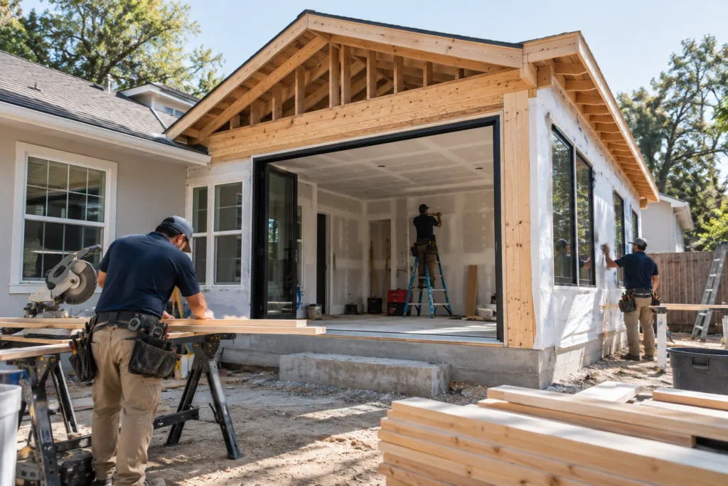 Crew building a single-story home addition with open framing and drywall in progress