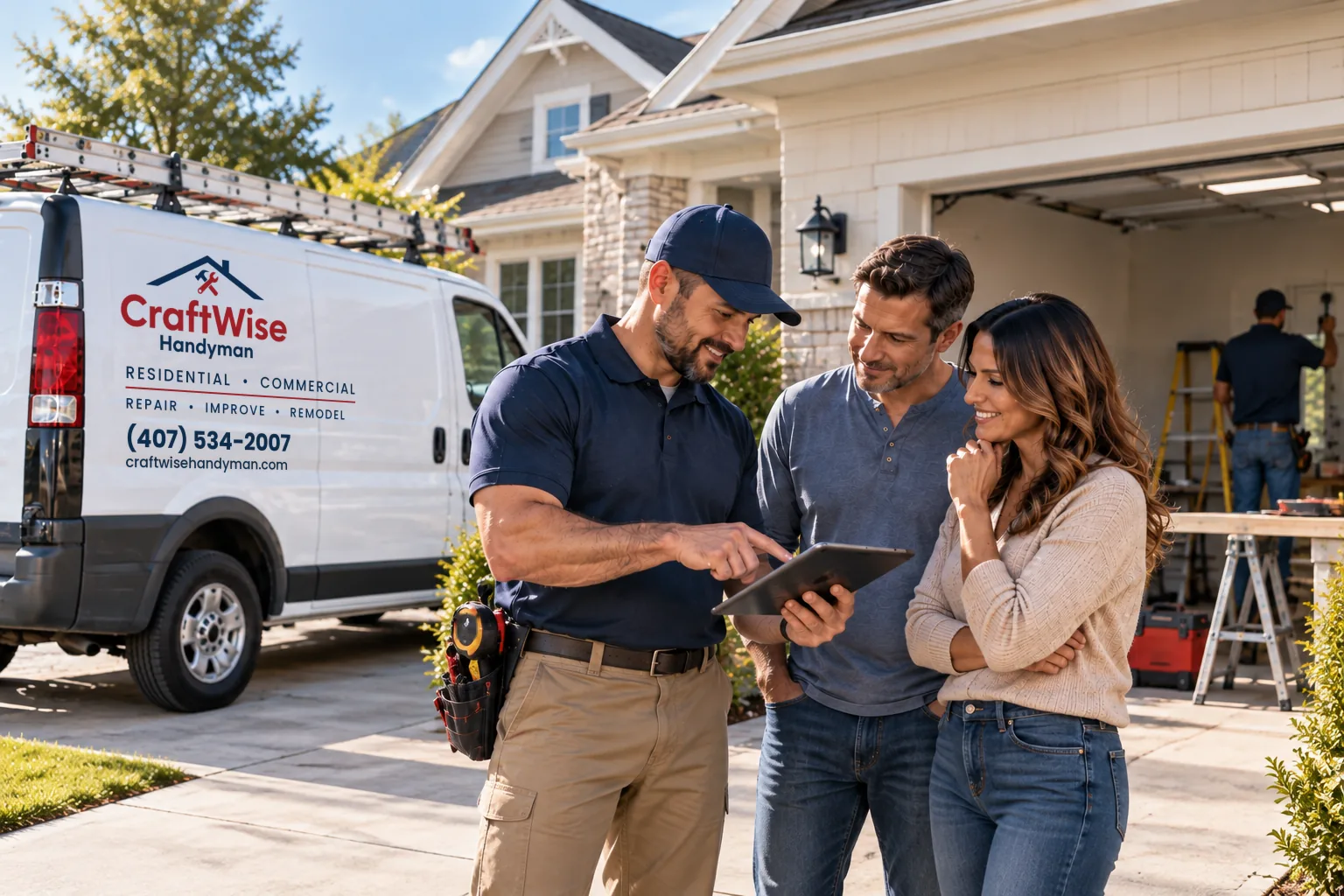 CraftWise professional reviewing a home improvement project on a tablet with homeowners in their driveway, with a CraftWise service van parked nearby.