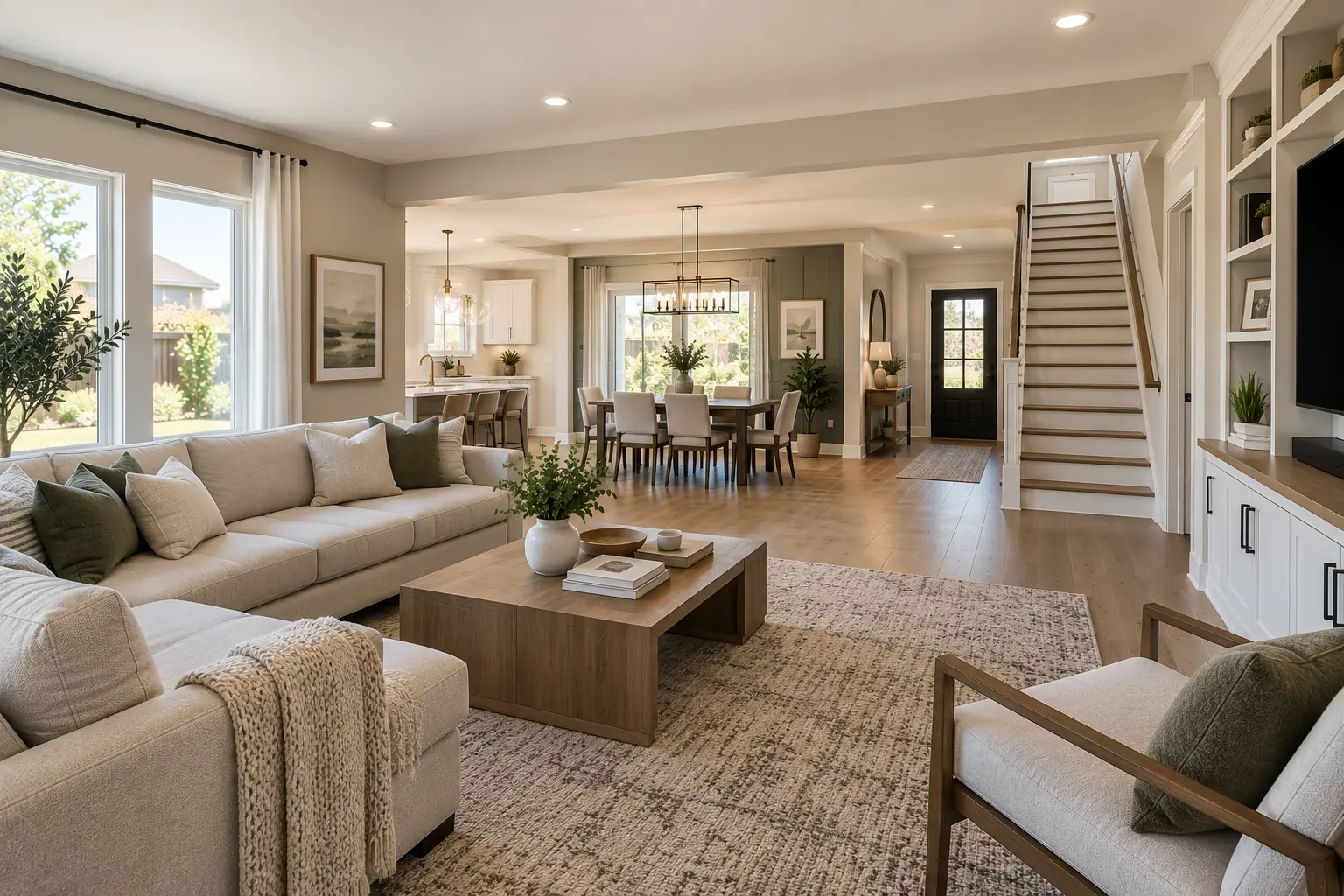 Renovated open-plan living and dining area with wood-look flooring, a staircase and built-in cabinetry