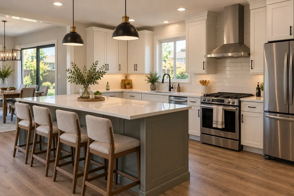Kitchen Remodeling in Orlando & West Orange County Updated suburban kitchen with white shaker cabinets, a gray island with seating and stainless steel appliances