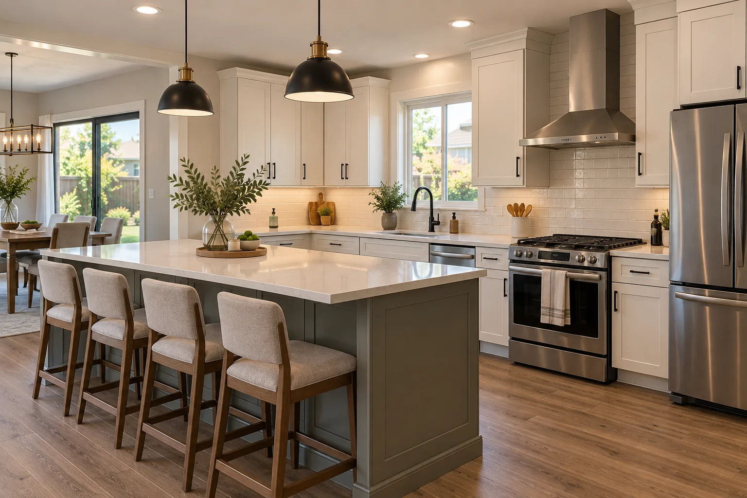 Updated suburban kitchen with white shaker cabinets, a gray island with seating and stainless steel appliances