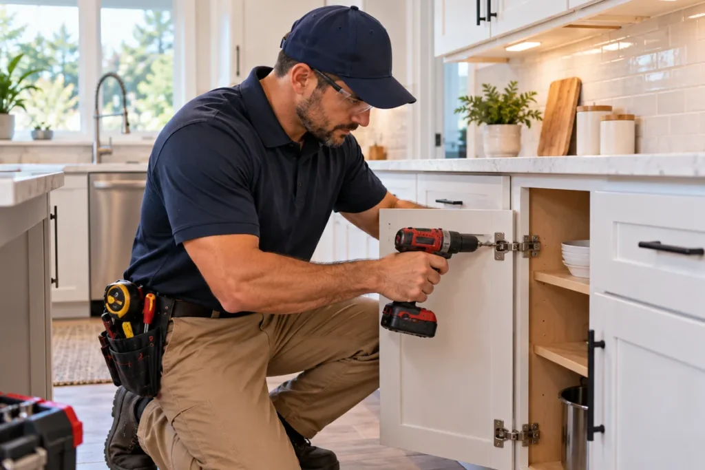CraftWise technician in safety glasses adjusting a cabinet door hinge in a remodeled kitchen.